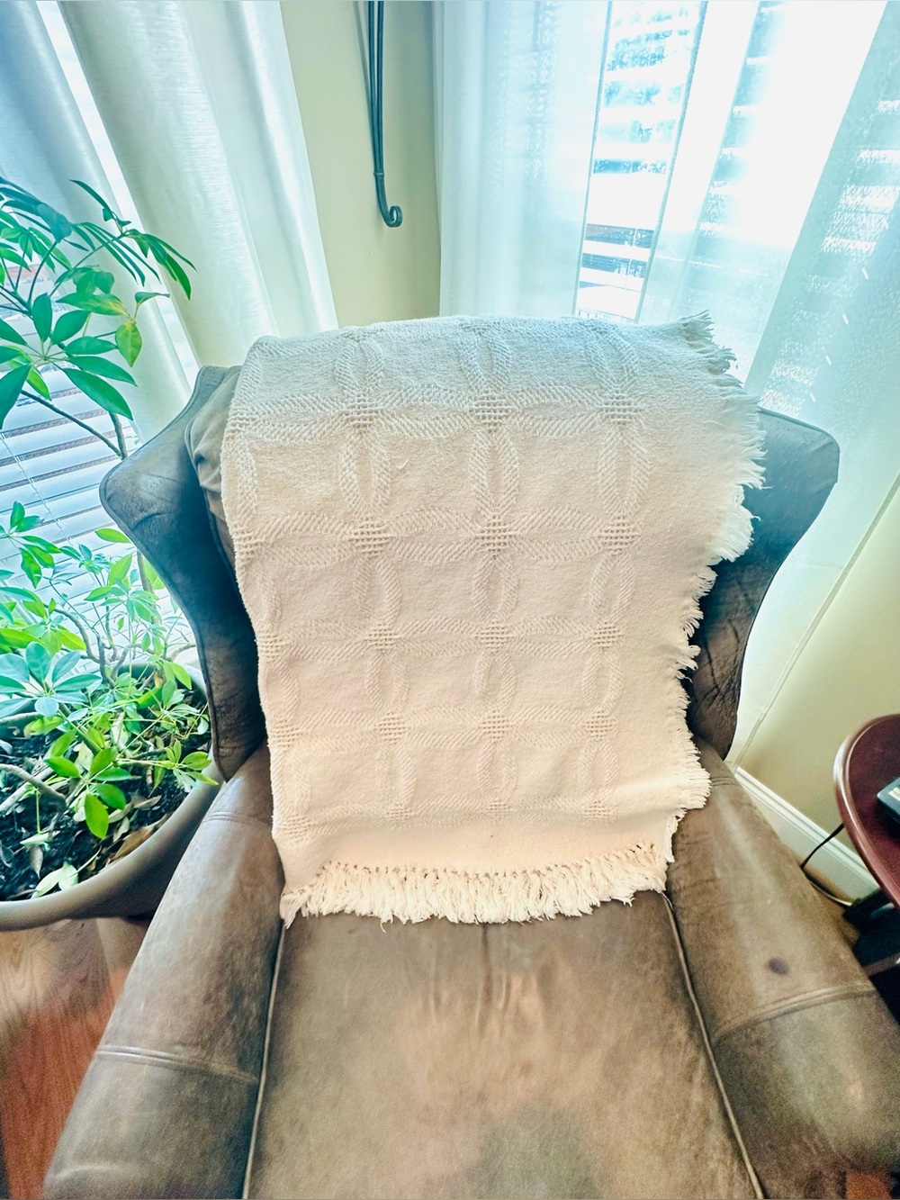 VTG Cream Off White Textured Throw Blanket with Fringe